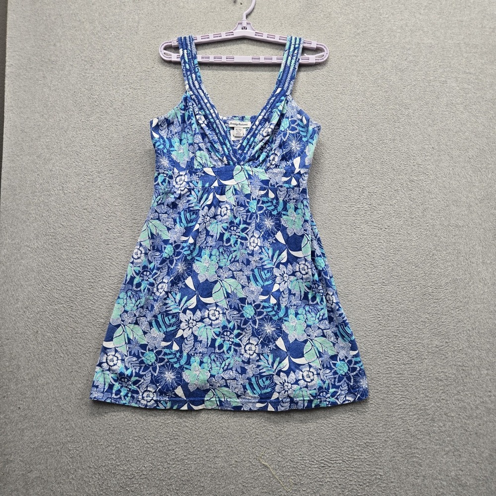 Tommy Bahama Women Dress XL Blue Floral Mini Fit & Flare Sleeveless Smocked